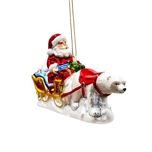 WBM 02PolarBearSantaSleighGlassChristmasOrnament ExquisiteHandblownTreeDecor