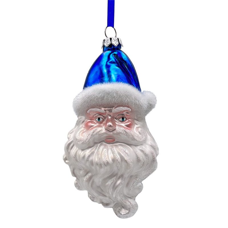 WBM 03AMarvelousBlueChristmasSetofFourGlassOrnamentswithSanta Truck SnowCabinandSleigh