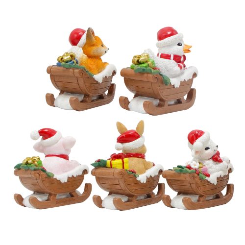 WBM 03ChristmasCrittersAnimalsonSleighsSetofFiveFigurines 5TabletopHolidayAnimalDecorwithBunny Piglet Duckling Lamb andFox