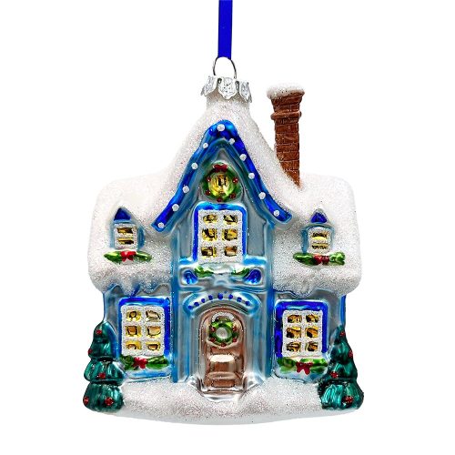 WBM 04AMarvelousBlueChristmasSetofFourGlassOrnamentswithSanta Truck SnowCabinandSleigh