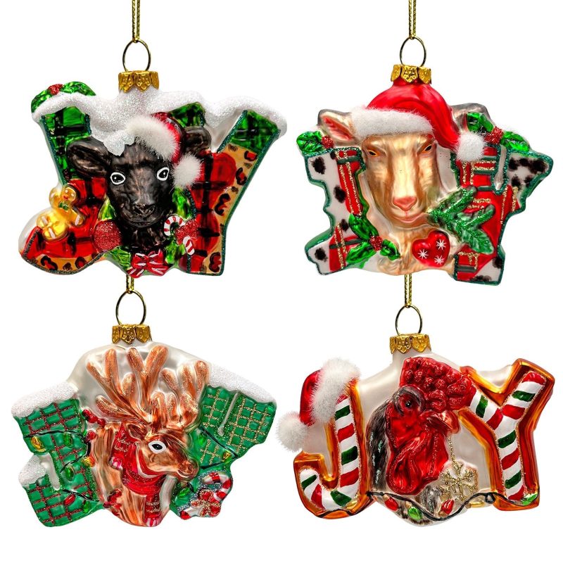 WBMSet 01FarmFilledwithJoySetof4GlassChristmasOrnaments Goat Chicken CalfandDeerTreeDecorations