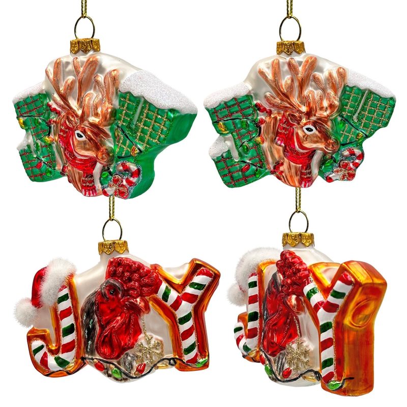 WBMSet 03FarmFilledwithJoySetof4GlassChristmasOrnaments Goat Chicken CalfandDeerTreeDecorations