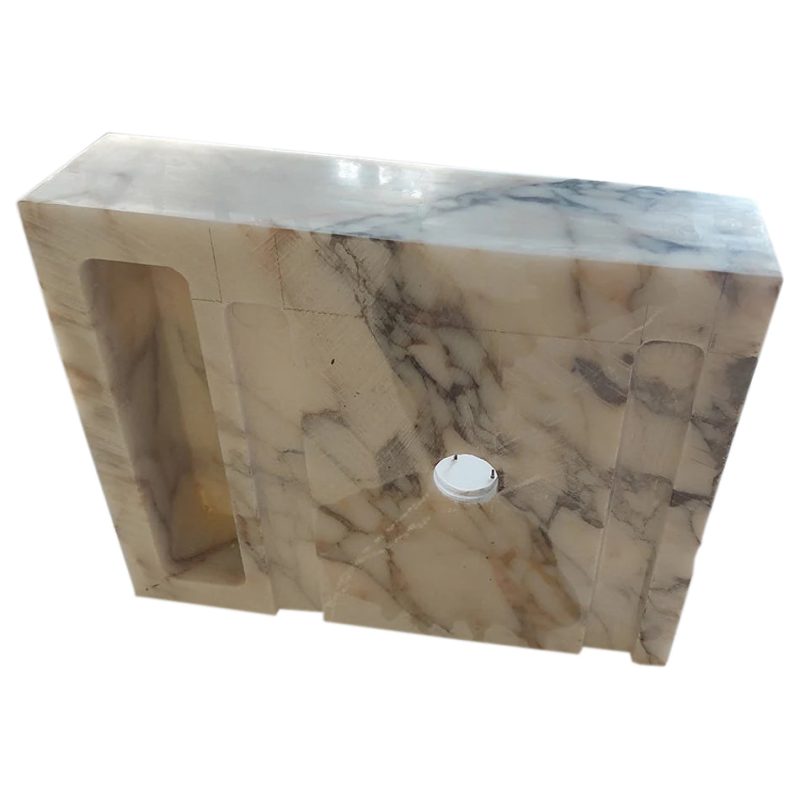 calacatta viola marble wall mount sink W14xL18xH5 polished with drain cap hidden drain back view