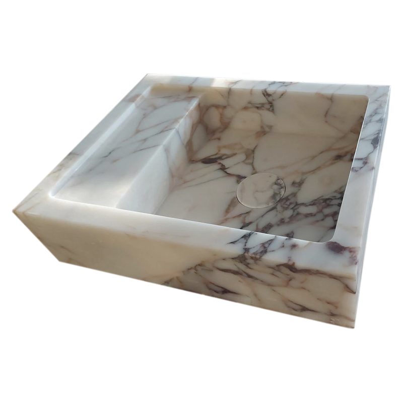 calacatta viola marble wall mount sink W14xL18xH5 polished with drain cap hidden drain profile view