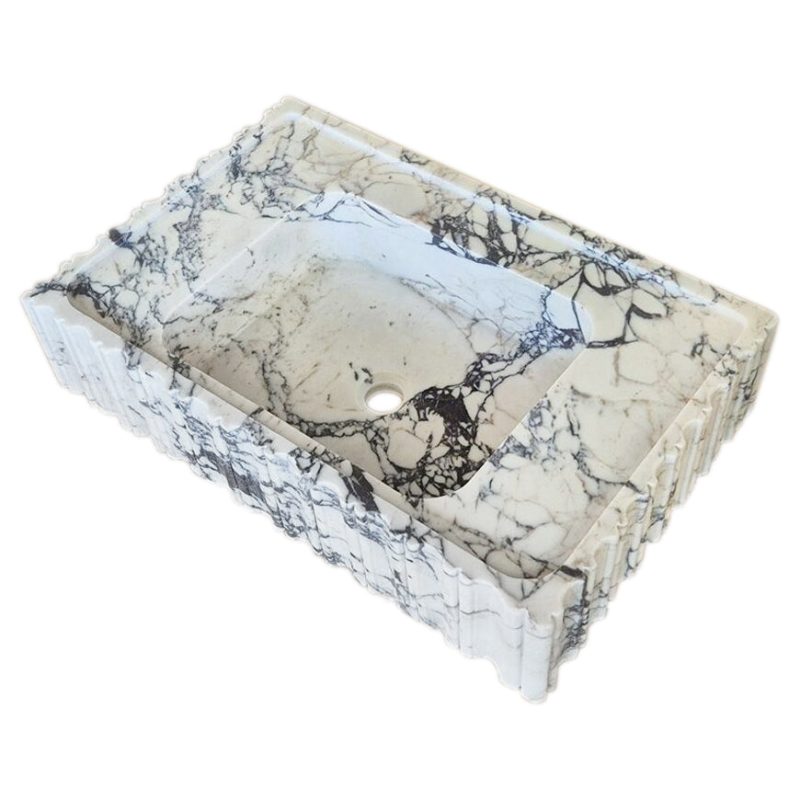 calacatta viola marble wall mount sink W18xL28xH6 U form fluted front polished angle view