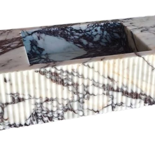 calacatta viola marble wall mount sink W20xL56xH10 polished fluted front angle view