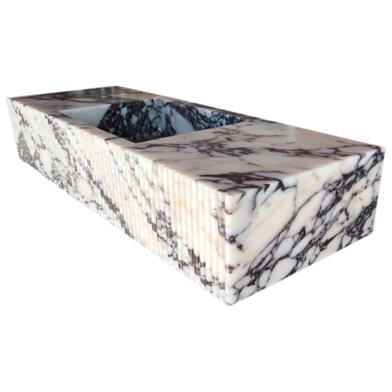 calacatta viola marble wall mount sink W20xL56xH10 polished fluted front profile view