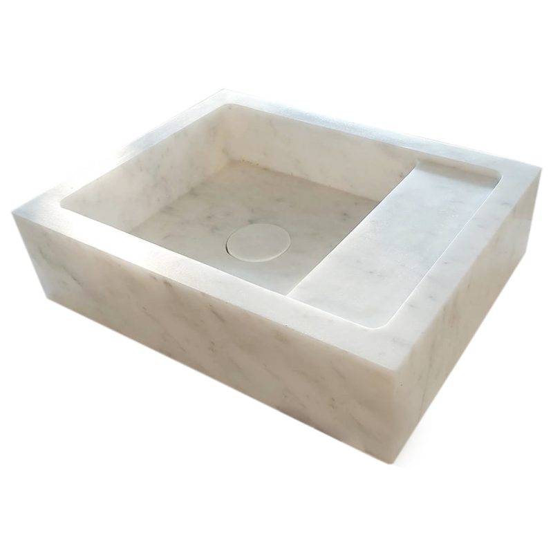 carrara white marble wall mount sink W14xL18xH5 polished with drain cap hidden drain angle view