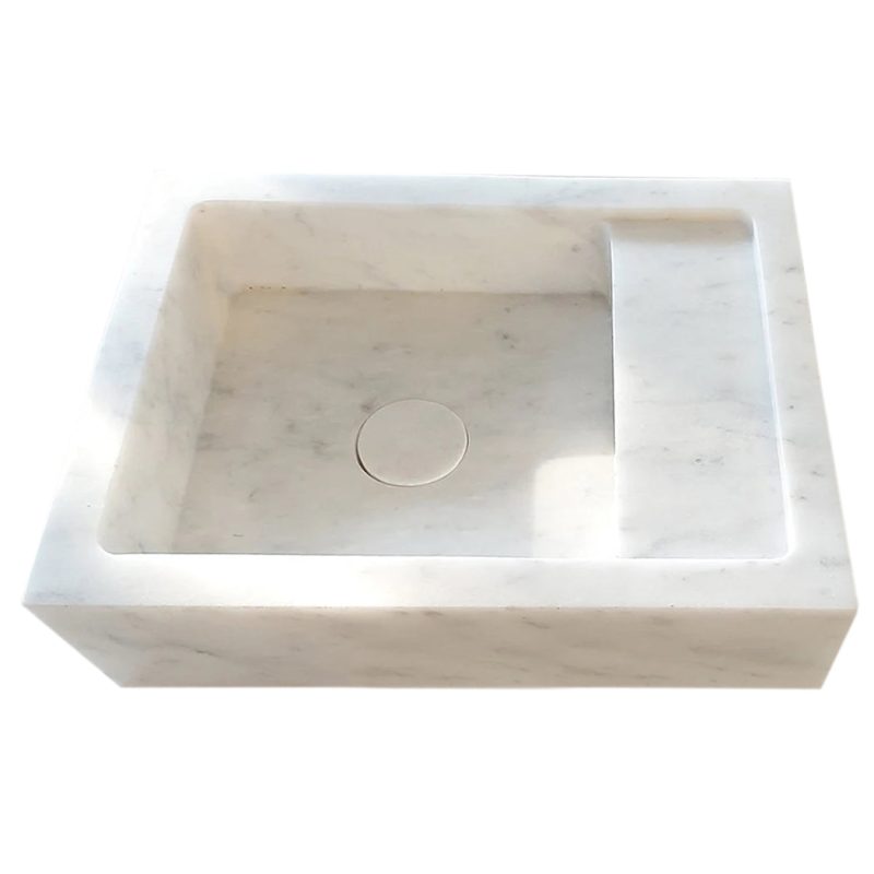 carrara white marble wall mount sink W14xL18xH5 polished with drain cap hidden drain angle view2