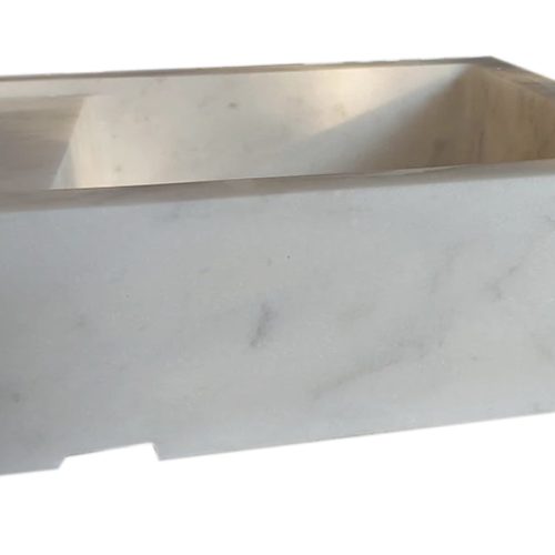 carrara white marble wall mount sink W14xL18xH5 polished with drain cap hidden drain side view