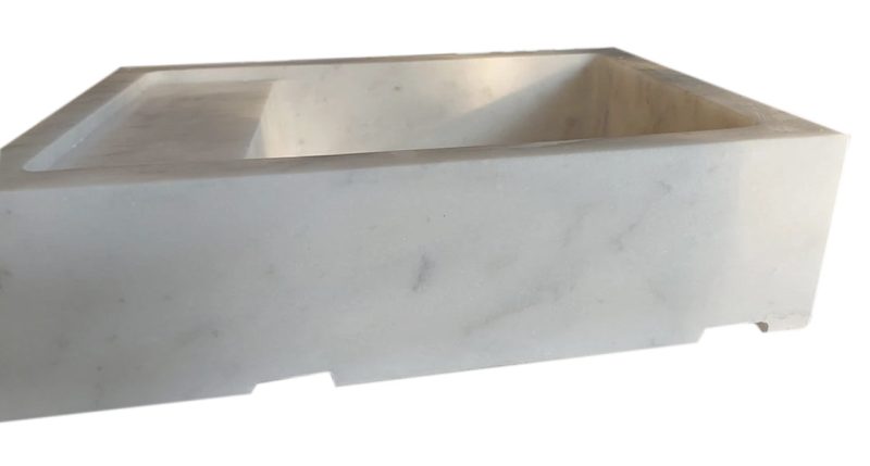 carrara white marble wall mount sink W14xL18xH5 polished with drain cap hidden drain side view