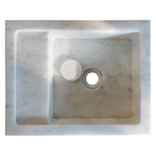 carrara white marble wall mount sink W14xL18xH5 polished with drain cap hidden drain top view