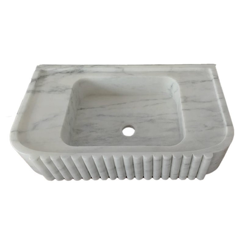 carrara white marble wall mount sink W16xL28xH6 fluted front honed top angle view