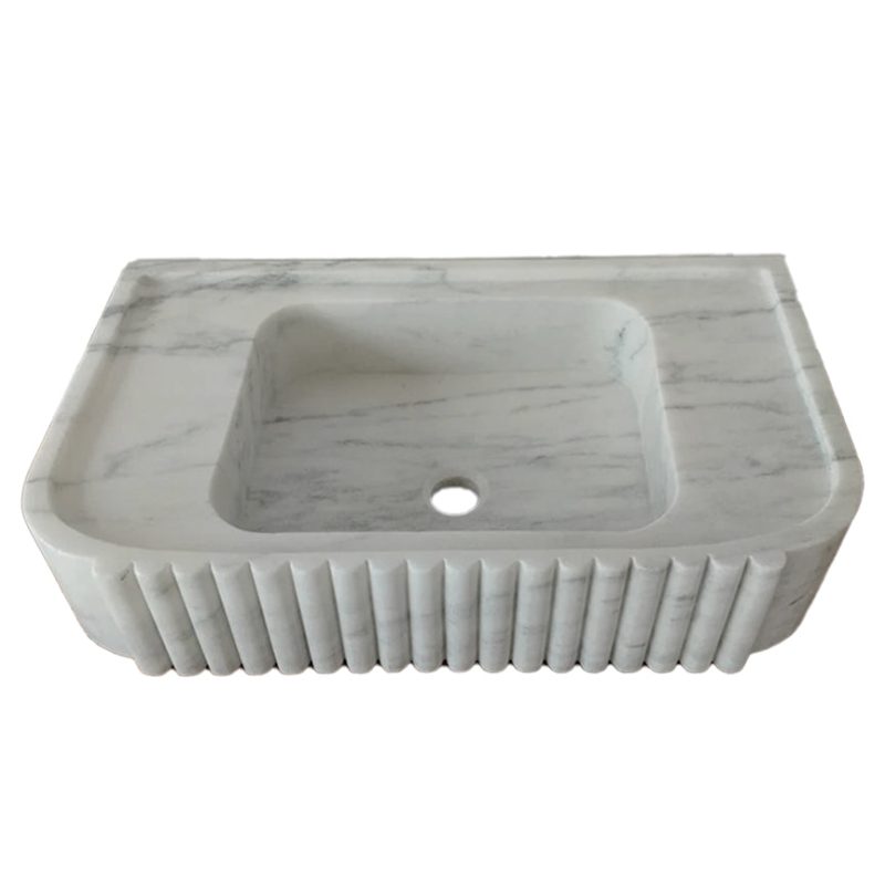 carrara white marble wall mount sink W16xL28xH6 fluted front honed top view