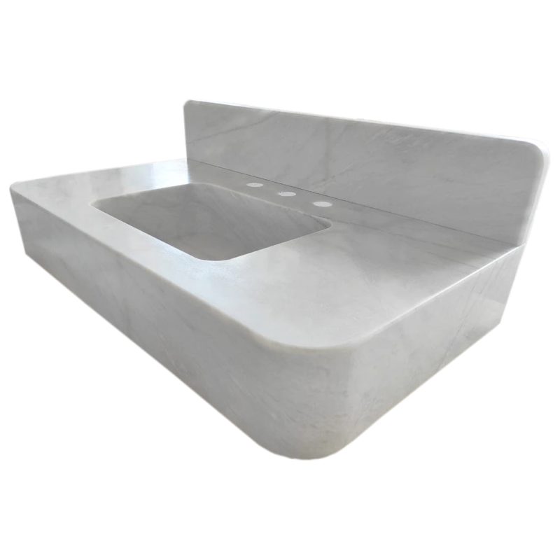 carrara white marble wall mount sink W18xL36xH6 polished with backsplash profile view2