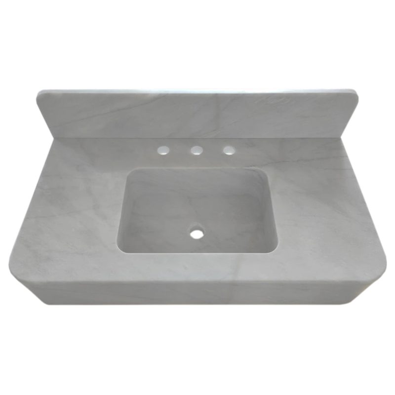 carrara white marble wall mount sink W18xL36xH6 polished with backsplash top angle view