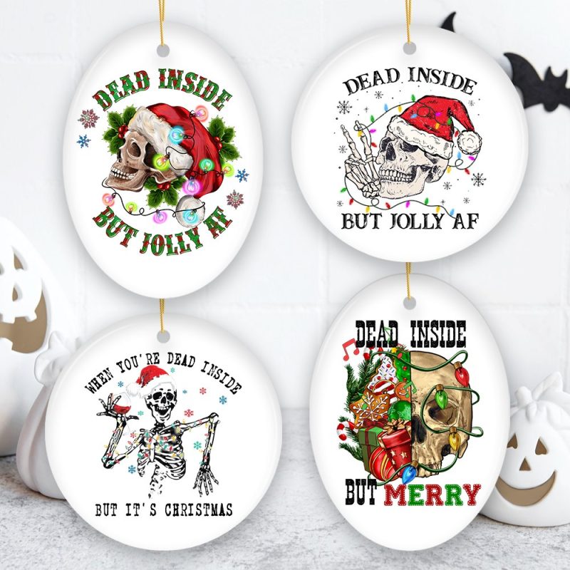 forproductDeadInsideDarkHumorChristmasOrnamentBundle HorrorSkeletonPartyGiftNewTwoCircleTwoOvalOrnamentBundleMockupTransparentTemplate