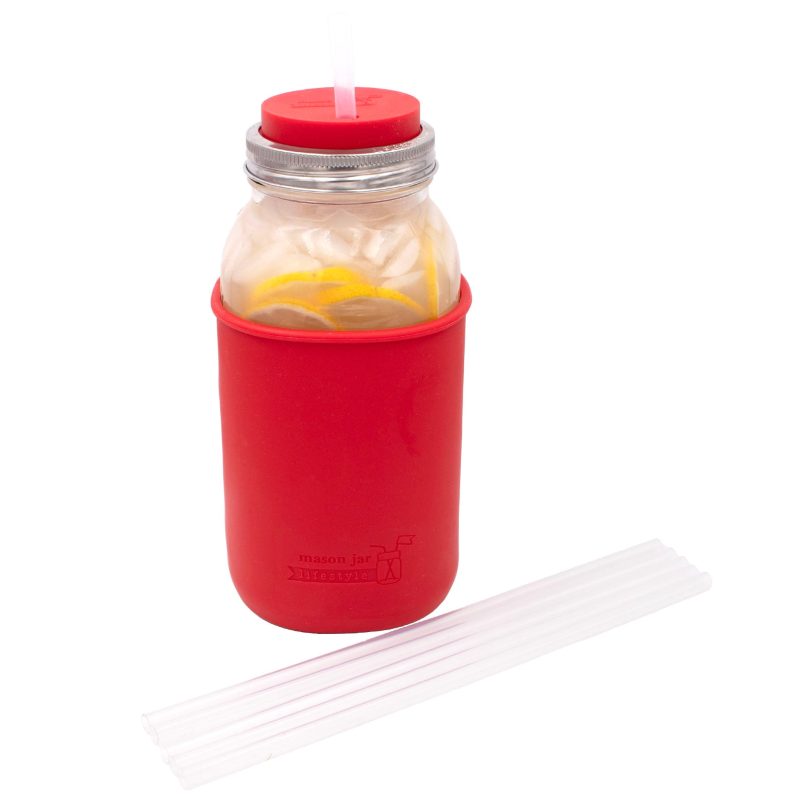 mason jar lifestyle extra long silicone straw 64oz half gallon six 6ok wide cherry red sleeve tumbler lemon ice water on white