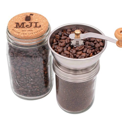 mason jar lifestyle wide mouth manual ceramic burr coffee grinder 16oz 32oz ball cork stopper engraved storage lid