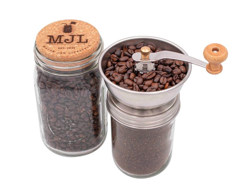 mason jar lifestyle wide mouth manual ceramic burr coffee grinder 16oz 32oz ball cork stopper engraved storage lid