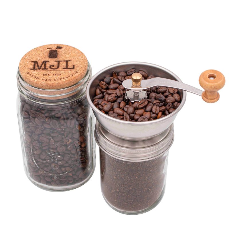 mason jar lifestyle wide mouth manual ceramic burr coffee grinder 16oz 32oz ball cork stopper engraved storage lid 610a424e 6202 4426 8216 5029b5e24212