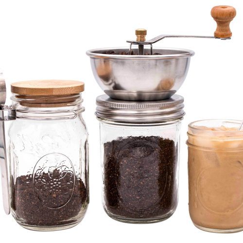 mason jar lifestyle wide mouth manual ceramic burr coffee grinder 16oz ball regular bamboo stopper storage lid jarware metal spoon clip short glass straw 8oz