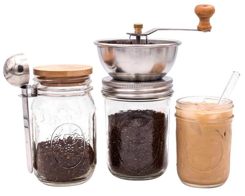 mason jar lifestyle wide mouth manual ceramic burr coffee grinder 16oz ball regular bamboo stopper storage lid jarware metal spoon clip short glass straw 8oz