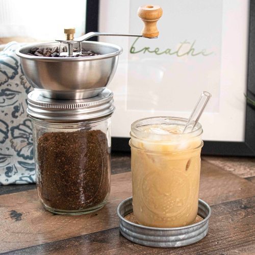 mason jar lifestyle wide mouth manual ceramic burr coffee grinder 16oz ball regular short glass straw 8oz staged