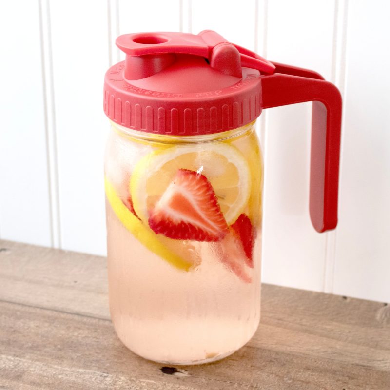 mason jar lifestyle wide mouth pour store pitcher handle lid v2 cherry red strawberry lemonade staged