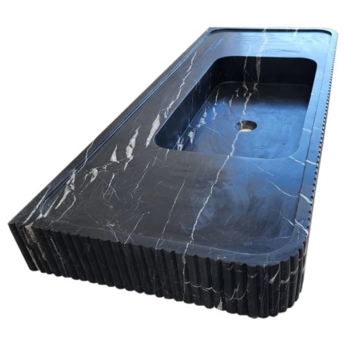 nero marquina marble wall mount sink W20xL48xH5 honed fluted angle view