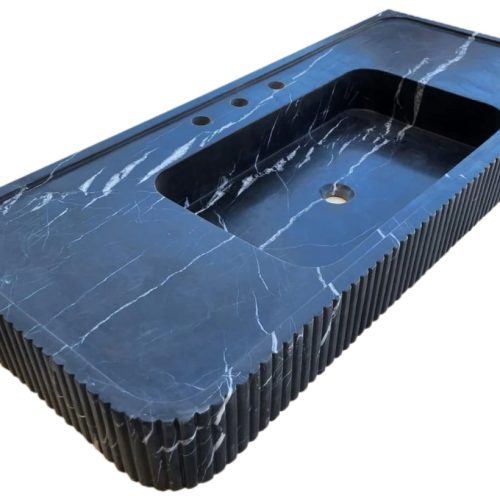 nero marquina marble wall mount sink W20xL48xH5 honed fluted front angle view