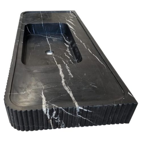 nero marquina marble wall mount sink W20xL48xH5 honed fluted front side view