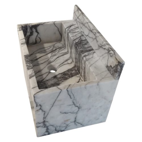 new york marble wall mount sink W16xL24xH12 honed with backsplash angle view