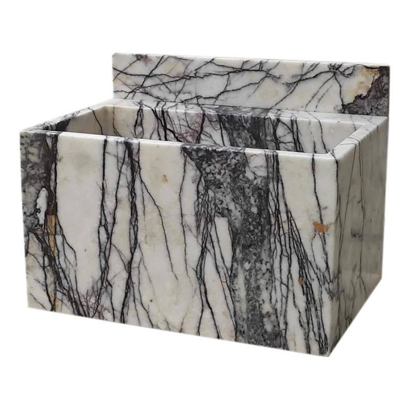 new york marble wall mount sink W16xL24xH12 honed with backsplash front angle view