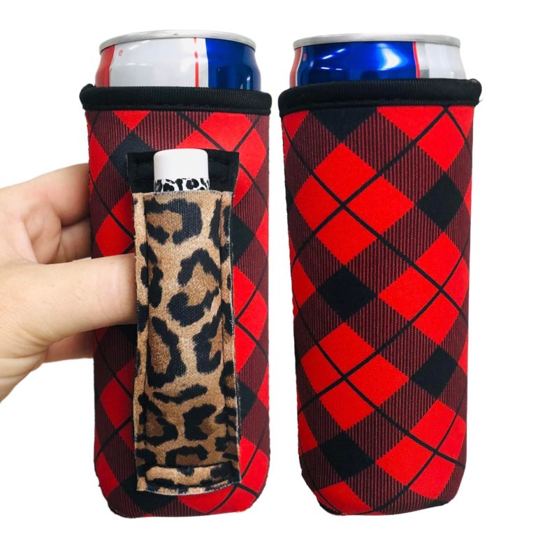 red plaid w leopard 12oz slim can handlerdrink handlers 472078