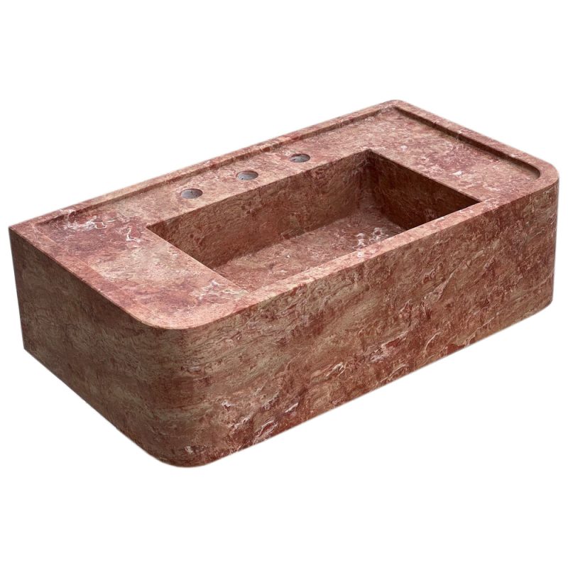 red travertine bathroom sink W16xL30 H8 honed filled angle view