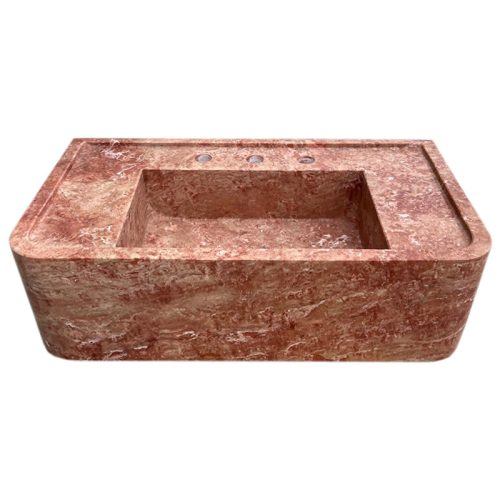 red travertine bathroom sink W16xL30 H8 honed filled front view2