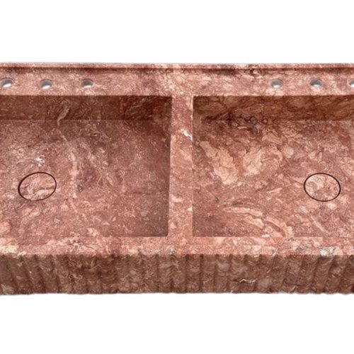 red travertine double vanity bathroom sink W20xL48 H6 honed fluted front edges angle top view