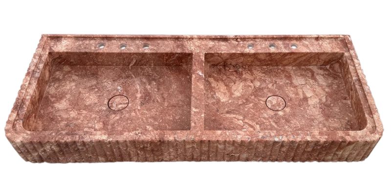 red travertine double vanity bathroom sink W20xL48 H6 honed fluted front edges angle top view