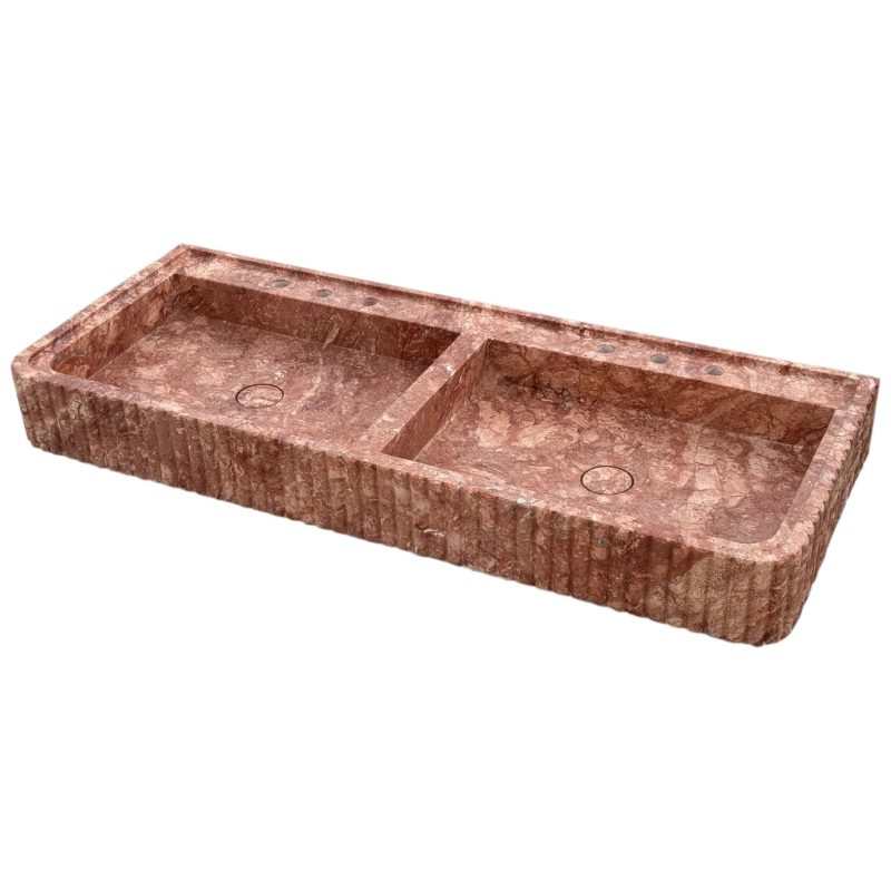 red travertine double vanity bathroom sink W20xL48 H6 honed fluted front edges angle view