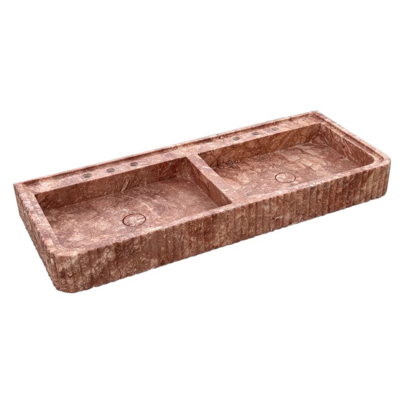 red travertine double vanity bathroom sink W20xL48 H6 honed fluted front edges angle view2