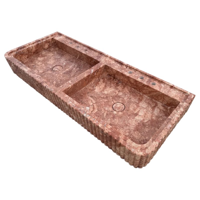 red travertine double vanity bathroom sink W20xL48 H6 honed fluted front edges top angle view