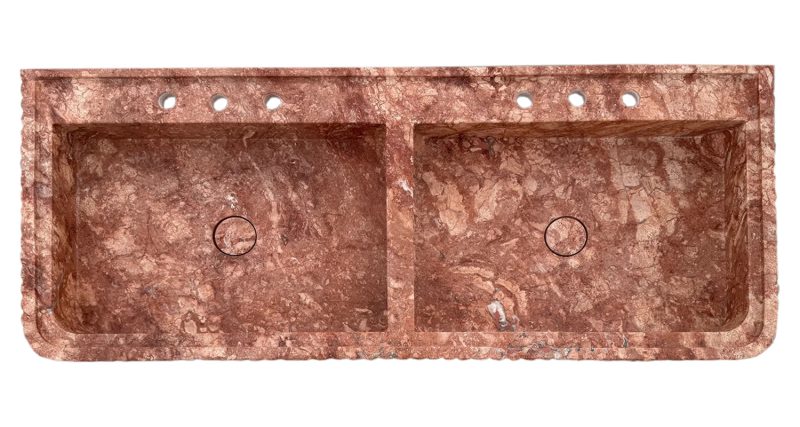 red travertine double vanity bathroom sink W20xL48 H6 honed fluted front edges top view