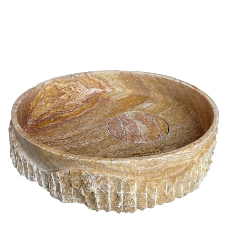 scabos gold travertine round vessel sink above counter D16xH4 split face hidden drain angle view