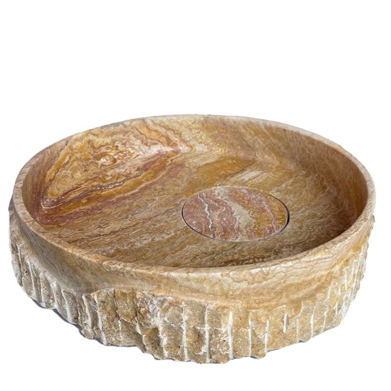 scabos gold travertine round vessel sink above counter D16xH4 split face hidden drain angle view2