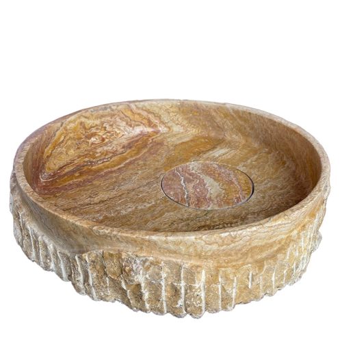 scabos gold travertine round vessel sink above counter D16xH4 split face hidden drain angle view3