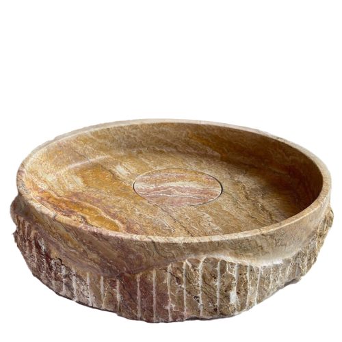 scabos gold travertine round vessel sink above counter D16xH4 split face hidden drain side view