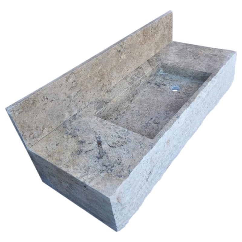 silver travertine wall mount sink W20xL48xH8 honed with 8 backsplash angle view