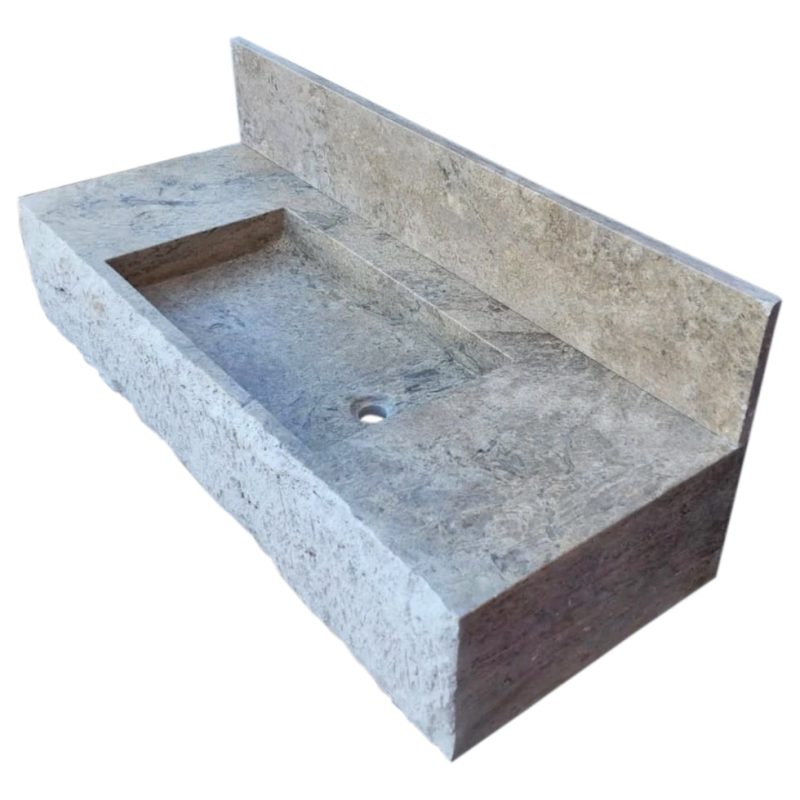 silver travertine wall mount sink W20xL48xH8 honed with 8 backsplash angle view2