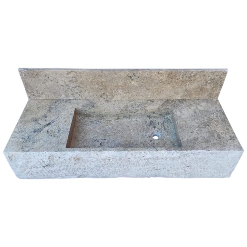 silver travertine wall mount sink W20xL48xH8 honed with 8 backsplash front view